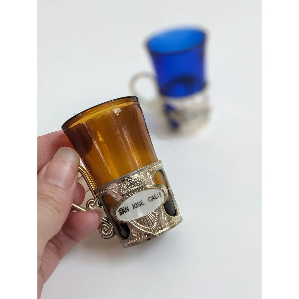 San‎ Jose CA Vintage Souvenir Mini Mugs Shot Glasses Cobalt Amber Mid-Century